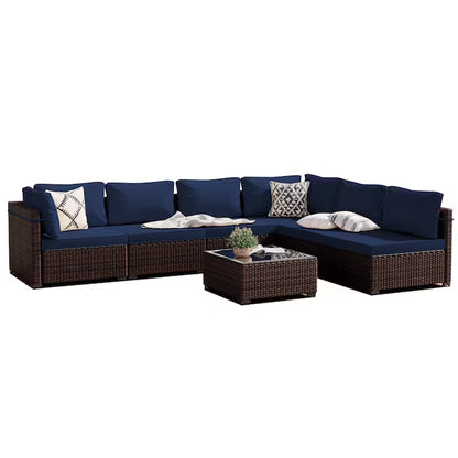 7-Piece Rattan Patio Conversation Set with Blue Cushions