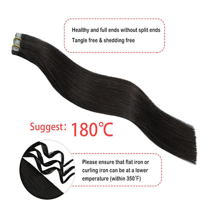 Tape in Hair Extensions Real Human Hair, 16 Inch Tape in Solid Color #1B Natural Black Hair Extensions, 20Pcs 30G 16 Inch Silky Hair Extensions.