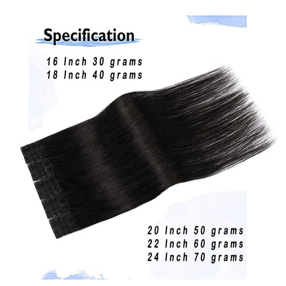 Tape in Hair Extensions Real Human Hair, 16 Inch Tape in Solid Color #1B Natural Black Hair Extensions, 20Pcs 30G 16 Inch Silky Hair Extensions.