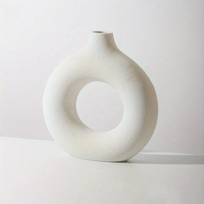 1Pc, White/Beige Ceramic Vase Vases for Decor, Modern Home Decor Vase, Boho Vases for Decor, Circle Vase, round Vase, Donut Vas