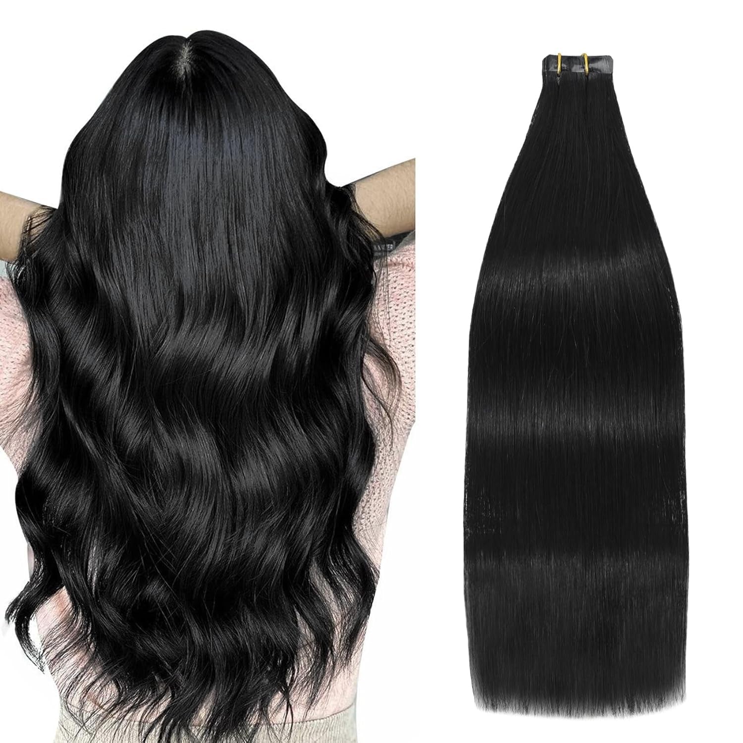 Tape in Hair Extensions Real Human Hair, 16 Inch Tape in Solid Color #1B Natural Black Hair Extensions, 20Pcs 30G 16 Inch Silky Hair Extensions.