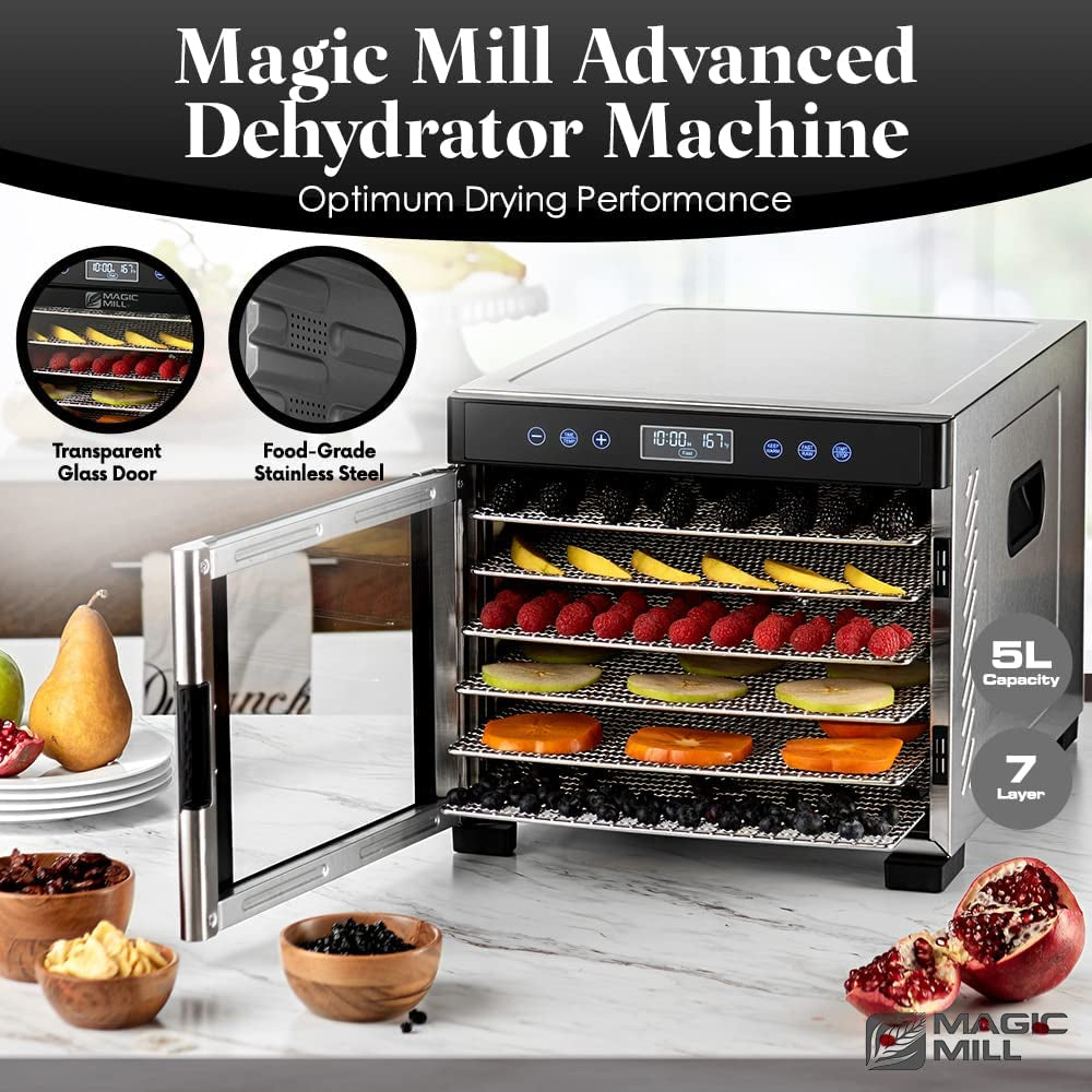 Food Dehydrator Machine | 7 Stainless Steel Trays | Dryer for Jerky, Dog Treats, Herb, Meat, Beef, Fruit | Keep Warm Function, Digital Timer and Temperature Control, Equipped Safety Over-Heat Protection, ETL Approved - (MFD-7070, 7 Stainless Steel Trays)