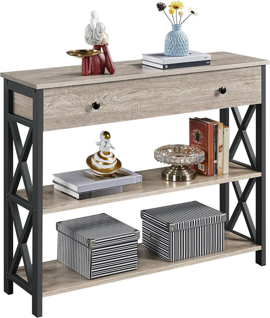 Console Table with Drawer, Entryway Table with 3 Tier Storage Shelves, Narrow Long Sofa Table for Entryway, Living Room, Hallway, Couch, Kitchen, Metal Frame, Gray