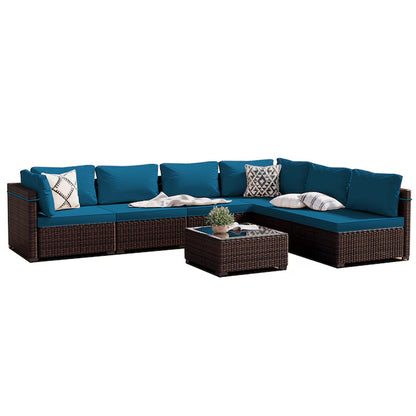 7-Piece Rattan Patio Conversation Set with Blue Cushions